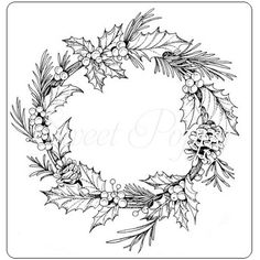 a christmas wreath with holly leaves and pine cones on the side, in black and white