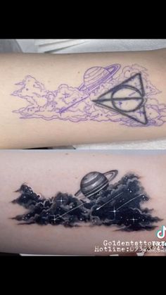 two tattoos with different designs on each arm and one has an image of the same planet