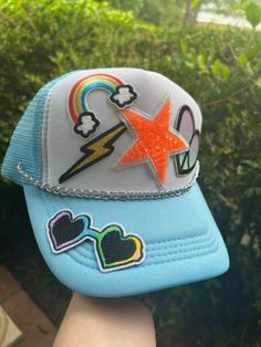 Summer fun, light blue and white foam front trucker hat. Iron on patches, silver chain, adjustable snap back. One Size. Trucker Snapback Hat With Patches For Summer, Hat With Patches, White Trucker Hat, Patch Hat, Mesh Hat, Summer Hat, Iron On Patch, Embroidery Patches, Snap Backs