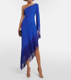 Aventador Fringed One Shoulder Midi Dress in Blue - Taller Marmo | Mytheresa Fitted Midi Dress With Tassels For Evening, Fitted Evening Midi Dress With Tassels, Chic Fringe Midi Dress For Evening, Cocktail Midi Dress With Fringe, Blue One Shoulder Midi Dress For Party, Sleeveless Midi Dress With Tassels For Evening, Evening Midi Dress With Tassels, Blue Fringe Dress For Cocktail, Cocktail Dress With Fringe In Blue