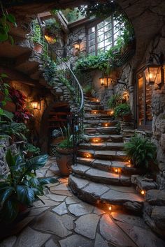 a set of stone steps leading up to a window with lit candles on them and potted plants next to it