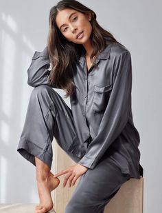 Menswear-inspired styling adds an air of classic elegance to whisper-light silk pajamas. Elegant Silk Sleepwear With Relaxed Fit, Elegant Solid Color Sleepwear With Relaxed Fit, Elegant Solid Color Relaxed Fit Sleepwear, Elegant Relaxed Fit Sleepwear For Loungewear, Elegant Relaxed Fit Sleepwear, Elegant Relaxed Fit Sleepwear For Spring, Elegant Long Sleeve Relaxed Fit Sleepwear, Elegant Fall Sleepwear, Elegant Fall Sleepwear For Loungewear