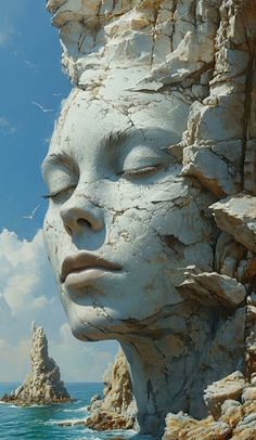 a painting of a woman's face on top of a rock formation in the ocean