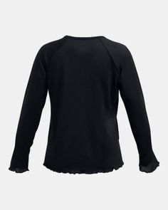 a women's black sweater with ruffles on the shoulders and long sleeves