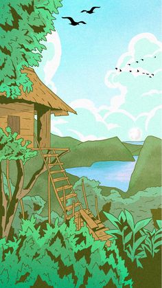 a drawing of a tree house in the woods with birds flying over it and water below