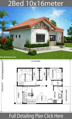 two story house plan with 2 beds and 1 baths in the front, one bedroom on the