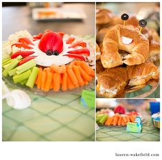 there are pictures of different food items on the table, including croissants and pretzels