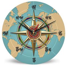 a clock with a compass on top of it and numbers around the world behind it