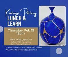 a blue vase sitting on top of a table next to a sign that says lunch & learn