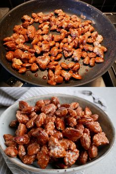 there are two pictures of food being cooked in a pan and the same one has chicken on it