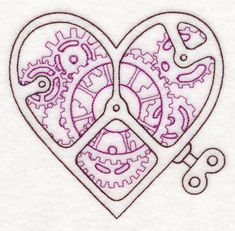 two hearts with gears in the middle on a white background embroidered onto a piece of cloth