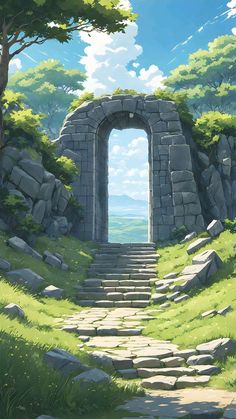 an anime scene with steps leading to a stone arch in the middle of a field