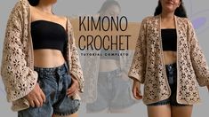 a woman wearing shorts and a crop top is standing in front of a sign that says kimono crochet