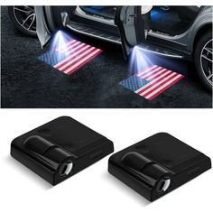 two car door lights with an american flag on the front and rear bumper cover in black