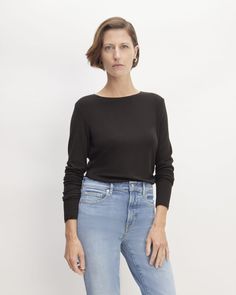 An elevated knit. The Merino TENCEL™ Relaxed Tee is a relaxed-fit lightweight knit with an elegant drape and a slightly wide crewneck, and shoulder seams that are slightly off the shoulder. Made with our light jersey knit blend of soft merino wool and TENCEL™ Lyocell with a touch of stretch, its silhouette is a little longer, making it a great layering piece to tuck-in or top pants, skirts, or shorts. Just add heels for instant elevation. Known for its lightness and versatility, TENCEL™ Lyoc Classic Fine Knit Fitted Top, Classic Crew Neck Long Sleeve Top For Spring, Casual Long Sleeve Crew Neck Top With Minimal Stretch, Sleek Fine Knit Tops For Fall, Effortless Crew Neck Tops For Fall, Chic Everyday Long Sleeve Crew Neck Top, Crew Neck Fine Knit Long Sleeve Top For Work, Fine Knit Crew Neck Top With Minimal Stretch, Versatile Relaxed Fit Knit Top For Everyday