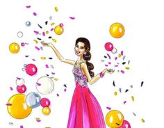 a drawing of a woman in a pink dress surrounded by balloons and confetti