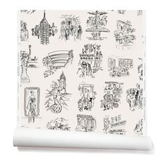 Partially unrolled wallpaper with black hand-drawn illustrations of New York City landmarks on a white background. Nyc Wallpaper, Wallpaper Studio, Handmade Wallpaper, New York Wallpaper, Nyc Print, York Wallpaper, Carpet Shops, York Wallcoverings, Metallic Paper