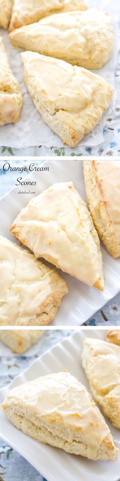 three different views of orange cream scones on a plate