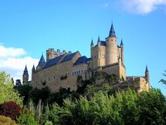 an old castle on top of a hill surrounded by trees