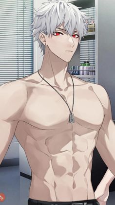 a man with white hair and no shirt in a kitchen looking at the camera while holding his hands on his hips