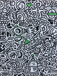 an abstract painting with black and white designs on the bottom, green lines in the middle