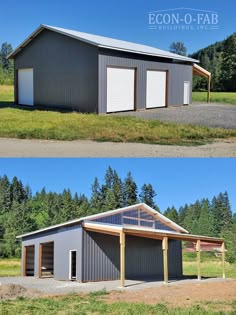 two garages side by side with the doors open and one has a covered porch