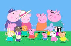 a group of peppa pig family standing next to each other on a blue background