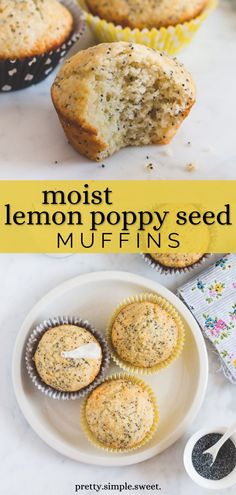 lemon poppy seed muffins on a plate with the words, moist poppy seed muffins