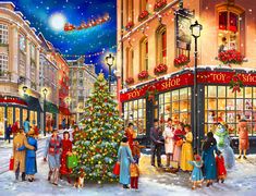 a painting of people standing around a christmas tree in front of storefronts on a snowy day