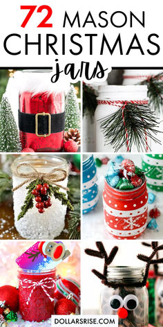 twelve mason jars decorated with christmas decorations