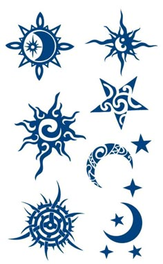 the sun and moon tattoo designs are shown in blue ink on white paper, as well as