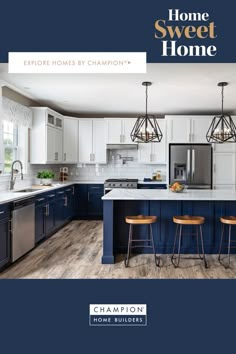 a kitchen with blue cabinets and white countertops is featured in the home sweet home magazine