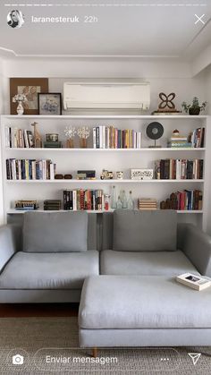 a living room with two couches, bookshelves and an air conditioner