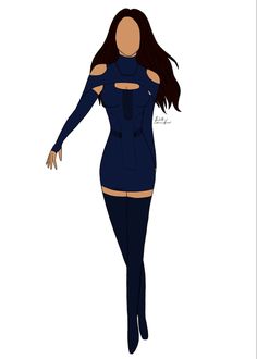 a drawing of a woman with long dark hair wearing a blue dress and high heels