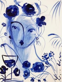 a painting of a woman with blue flowers on her head, and leaves around her neck