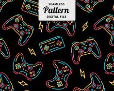 seamless pattern with video game controllers and lightnings in neon colors on a black background