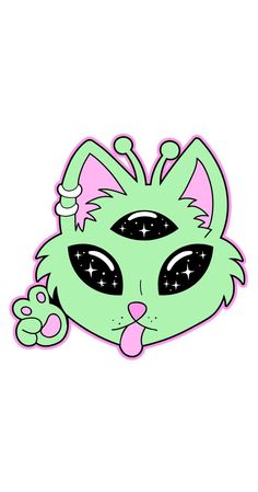 a green cat with black eyes and stars on it's head, sticking out its tongue