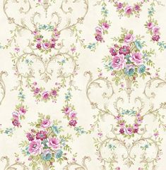 an old fashioned wallpaper with pink and blue flowers on white background, including roses