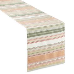 a long table runner with multicolored stripes on the top and bottom, set against a white background