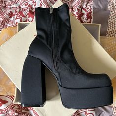 Black Nylon Platform Ankle Boot Us Size/Uk 7 Brand New Never Worn Black Nylon High-top Boots, Black Casual Nylon Boots, Casual Black Nylon Boots, Black Synthetic Platform Boots With Padded Ankle, Black Ankle-high Platform Boots For Spring, Fall Party Platform Boots With Rubber Heel Cap, Fabric Boots With Round Toe For Winter, Fabric Winter Boots With Round Toe, Black High Heel Platform Boots With Zipper