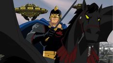 an animated character riding on the back of a horse next to a black horse with yellow eyes