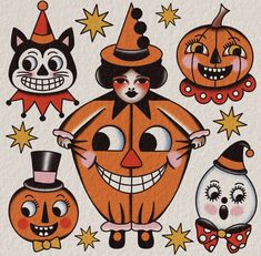 a group of pumpkins and cats with faces on them