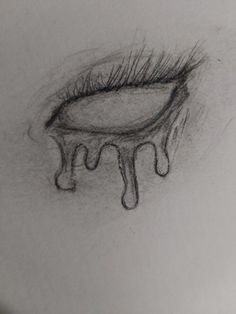 a pencil drawing of an eye with long lashes and water dripping down the bottom of it