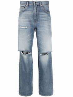 Mid-blue cotton distressed straight-leg jeans from LOVE MOSCHINO featuring distressed effect, straight leg, front button fastening and two diagonal pockets to the sides. | Love Moschino Distressed Straight-Leg Jeans Tapered Jeans, Love Moschino, Cut Jeans, Wide Leg Jeans, Bell Bottom Jeans, Moschino, Black Cotton, Straight Leg Jeans, Leg Jeans