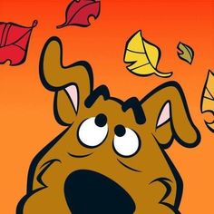 a cartoon dog is looking up at leaves falling in the air behind him, with his mouth wide open