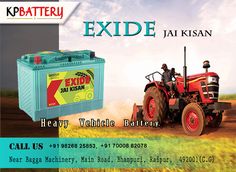 an advertisement for the exide battery is shown in front of a tractor and grass field