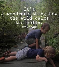 two young boys playing on a wooden bridge in the woods with an inspirational quote above them