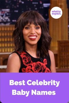 the best celebrity baby names on this page are in purple and black with an image of a woman smiling