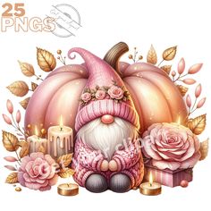 an image of a gnome with candles and flowers on it's head, surrounded by roses