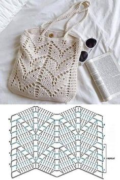 a crocheted purse with sunglasses and book on the side, next to an image of